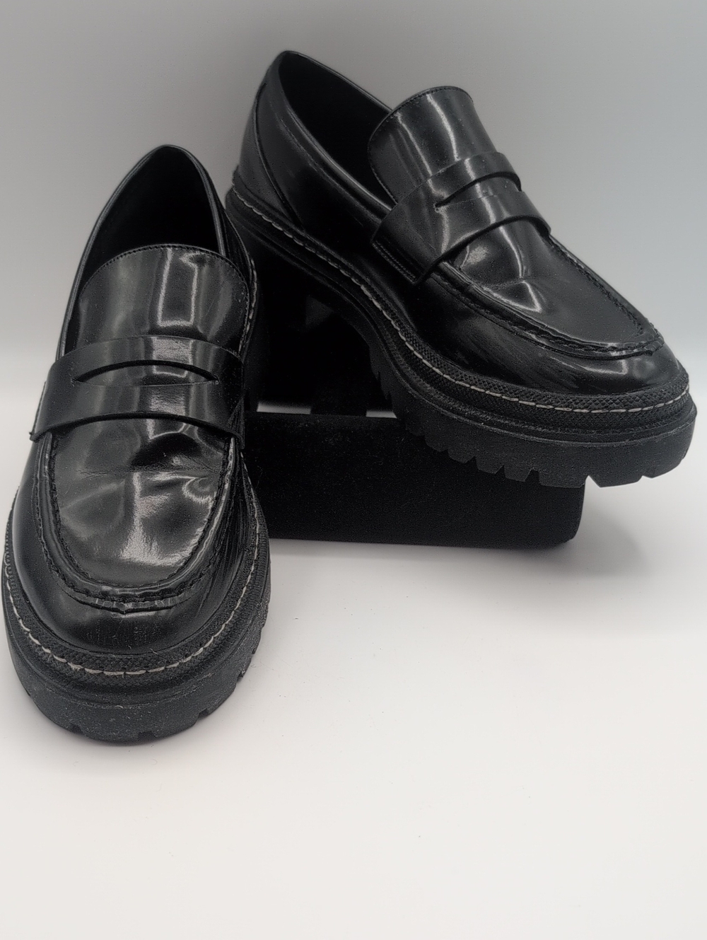 Madden Girl Black Lug-Sole Penny Loafers